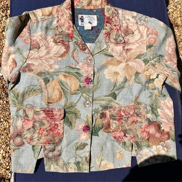 Vintage 80's My Boyfriends Back Floral Tapestry prairie Blazer jacket womens L - Picture 7 of 11